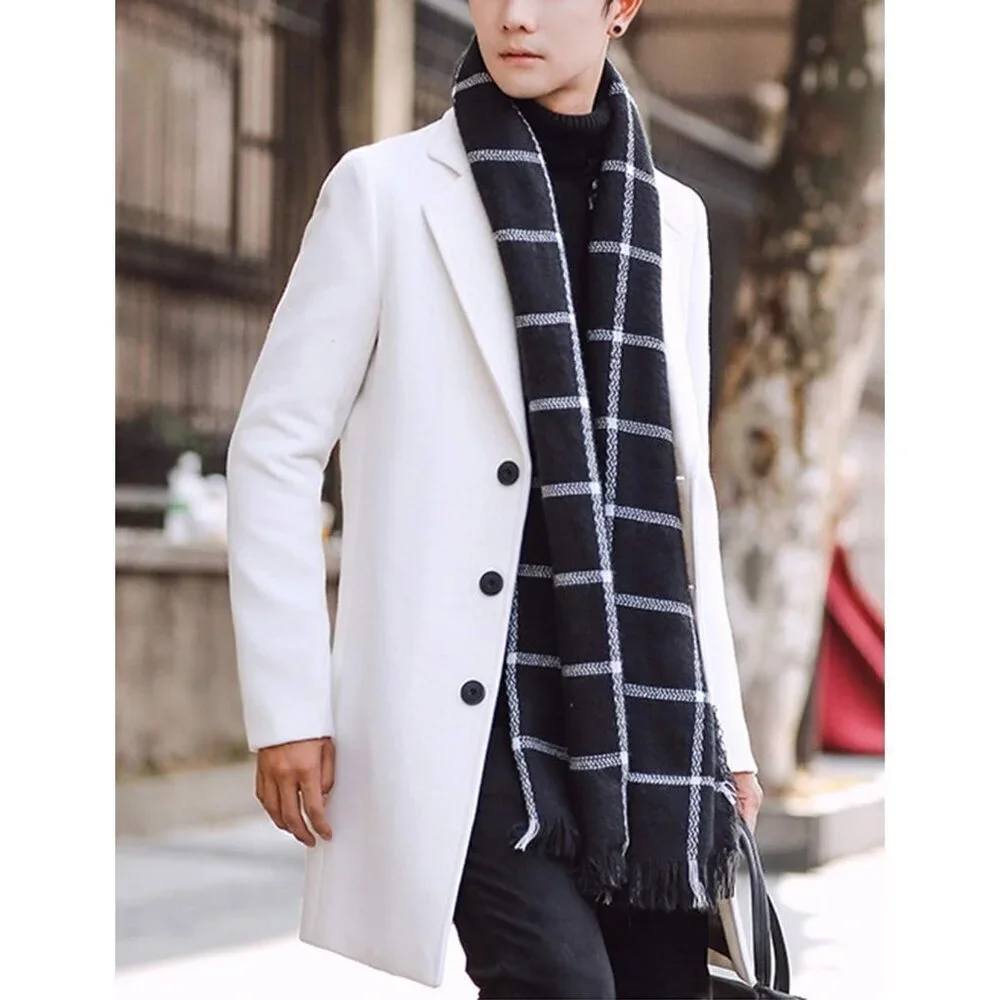 Men's White Wool Blend Pea Coat Notched Collar Single Breasted Overcoat